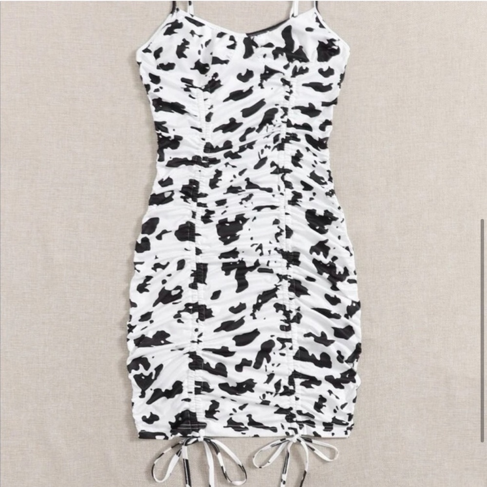 Ruched Bodycon Cow Print Dress with Bows